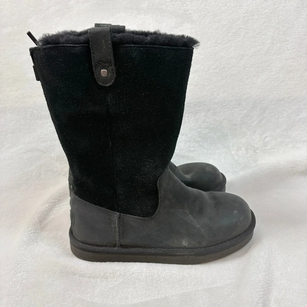 UGG Boots Kids Size 2 Black Good Leather Suede Back Zip Faux‎ Fur 1013287K